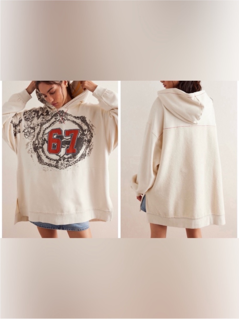 NWT Free People We The Free 67 Hoodie - ivory white red grey - large
